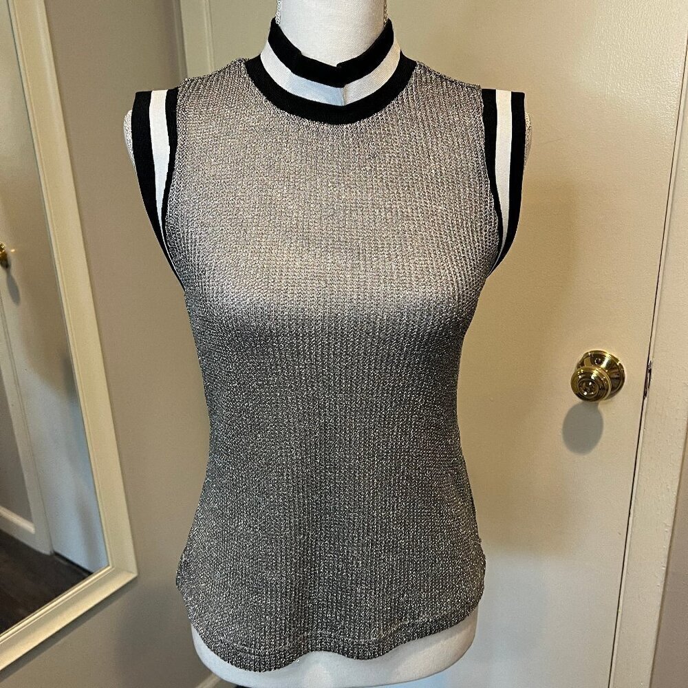 BB Dakota Silver Metallic Sleeveless Knit Tank with Black & White Trim